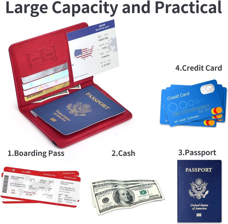 KAOBAN Passport Holder, Passport Cover with Credit Card Slot and Boarding Pass Slot Combo, Passport Wallet Case Book Travel Must Have, RFID Blocking Leather Travel Accessories, Red - Image 4